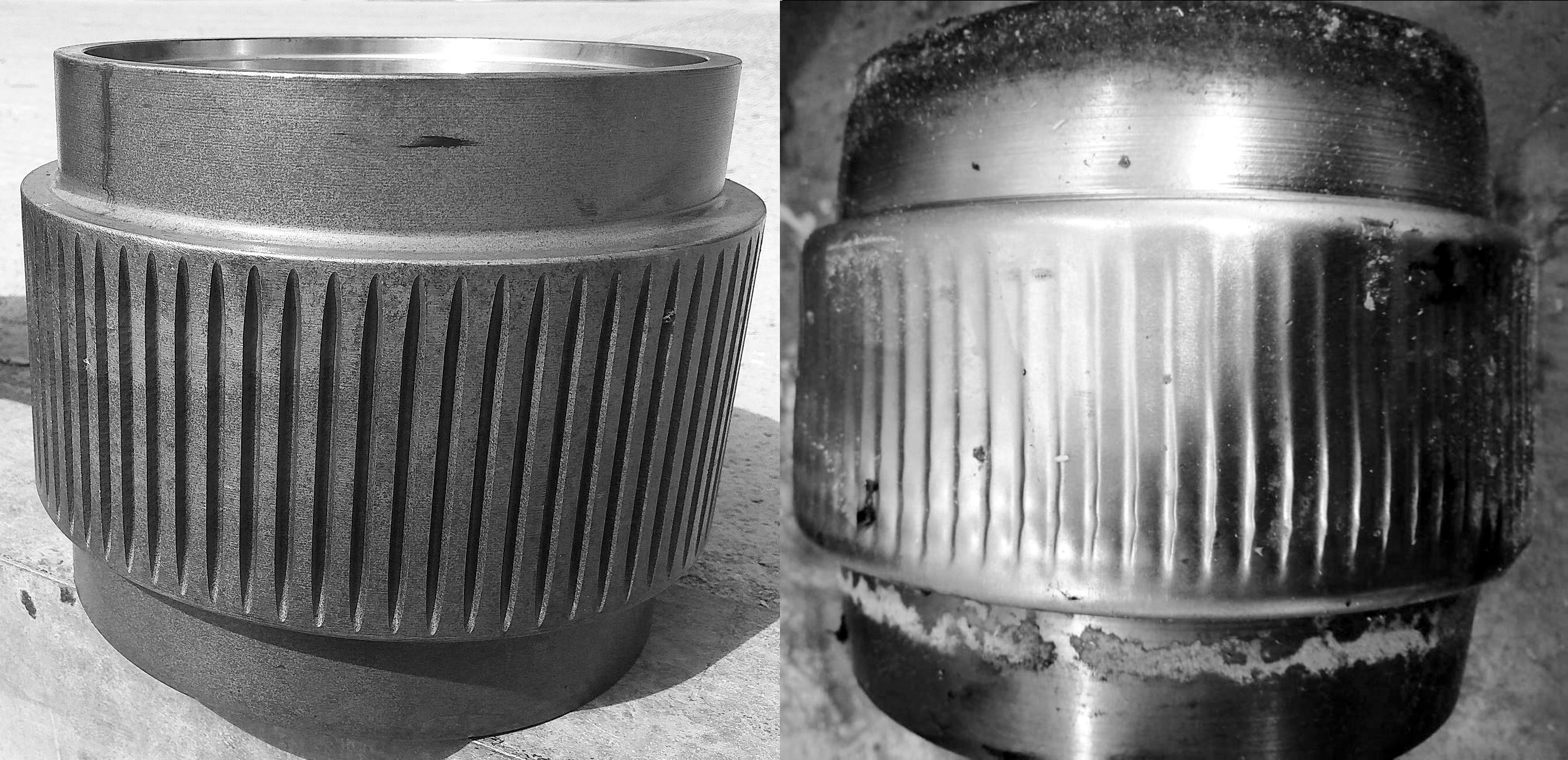 photo comparing the surfaces of a new and worn shell